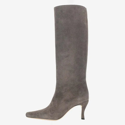 A pair of women's square toe cowboy boots in microfiber, shown in a selection of available colours.