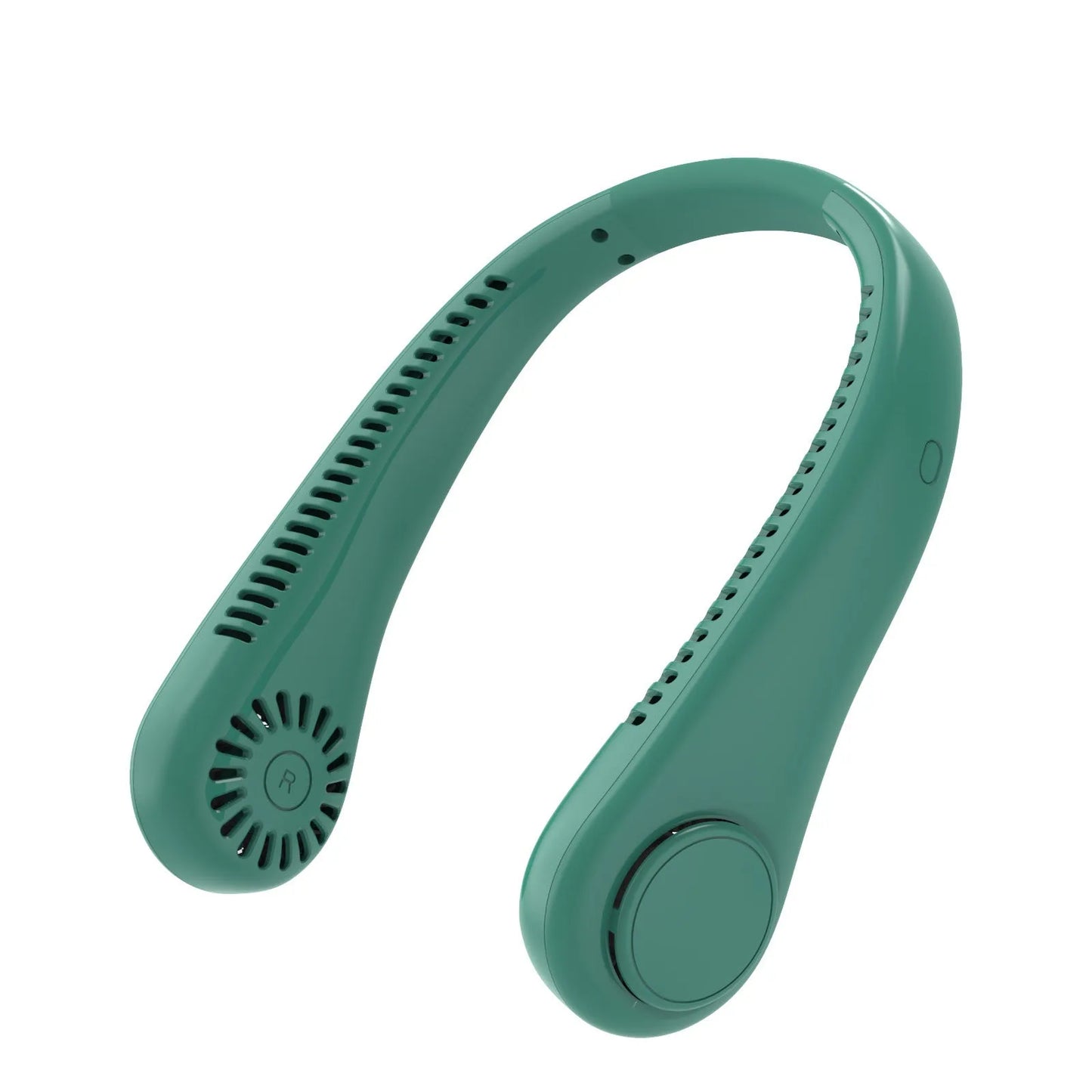 White rechargeable neck fan worn around neck with bladeless design and USB charging
