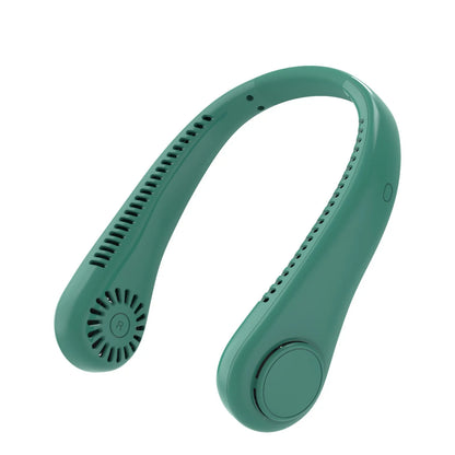 White rechargeable neck fan worn around neck with bladeless design and USB charging