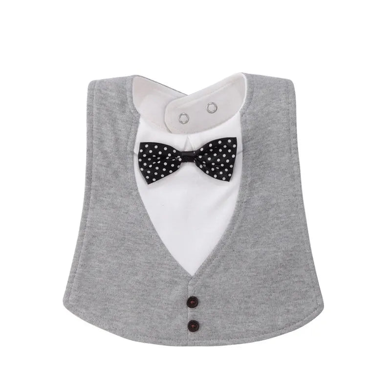 Adjustable baby bow tie bib in four-layer waterproof design, free size, shown in a choice of colour prints