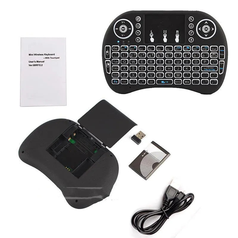 H9 wireless backlit touch remote control keyboard with colourful keys and white backlight, compact 14x9.1x1.7cm design.