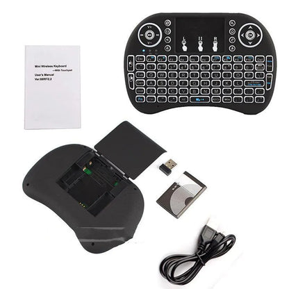 H9 wireless backlit touch remote control keyboard with colourful keys and white backlight, compact 14x9.1x1.7cm design.