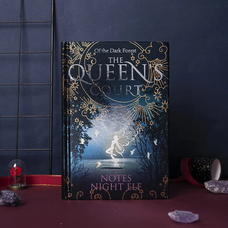 A5 hardcover notebook with luminous fluorescent cover, open to show full-colour illustrated pages, size 12.8 x 18 cm