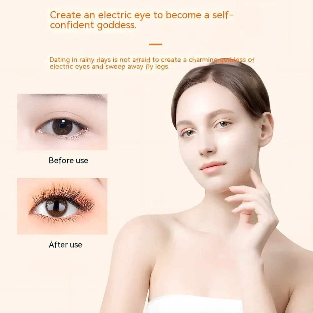 Pink and white electric eyelash curler with USB charging cable and temperature control buttons