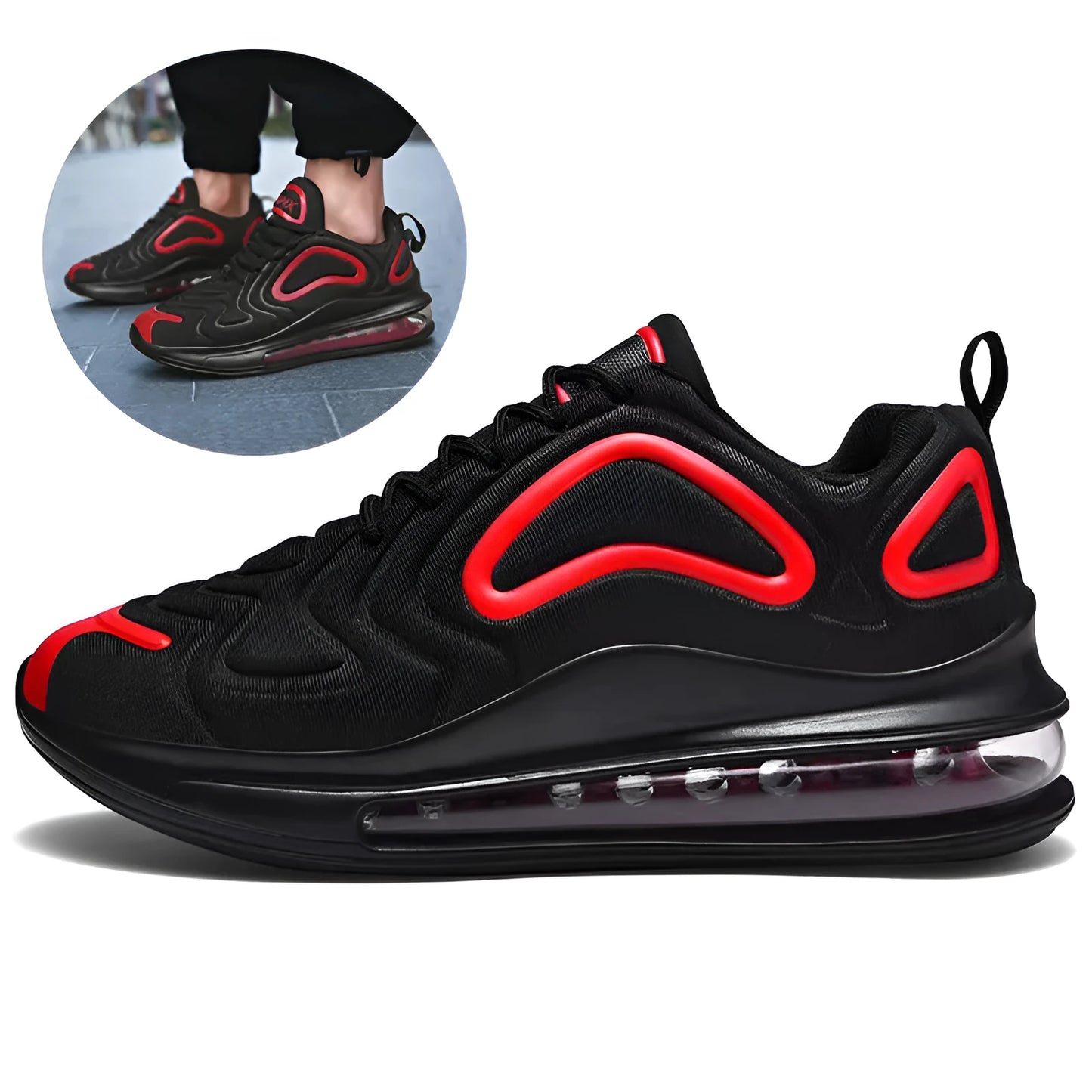 Men's black casual lace-up sneakers with a thick sole on a white background.