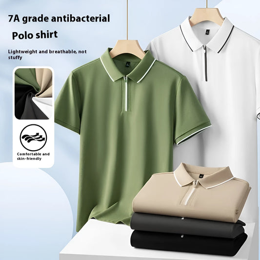 Men's solid colour short sleeve polo shirt with a silver front zipper, shown in beige apricot.