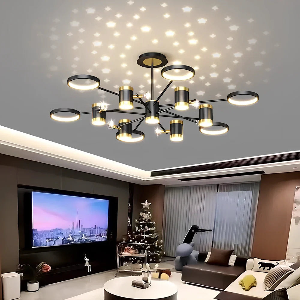 Black Nordic iron chandelier with 13 LED heads, 1000mm diameter, adjustable 0.3m height for living room lighting