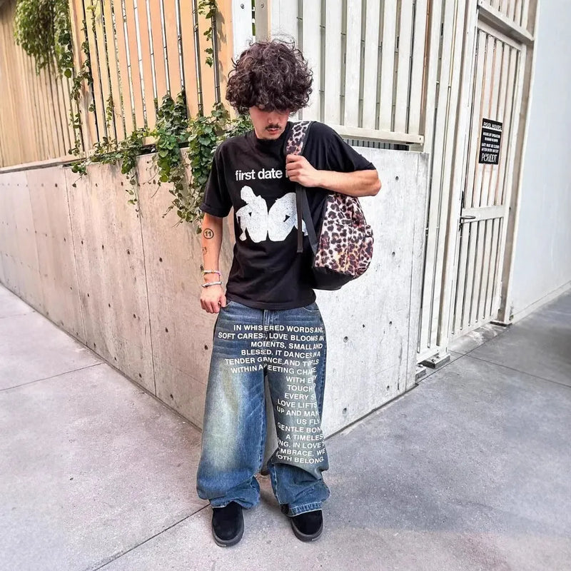 Men's casual loose wide-leg straight trousers in cotton with an inelastic waistband, available in sizes S to XXL and colours black or blue, designed for youth styling and comfortable everyday wear
