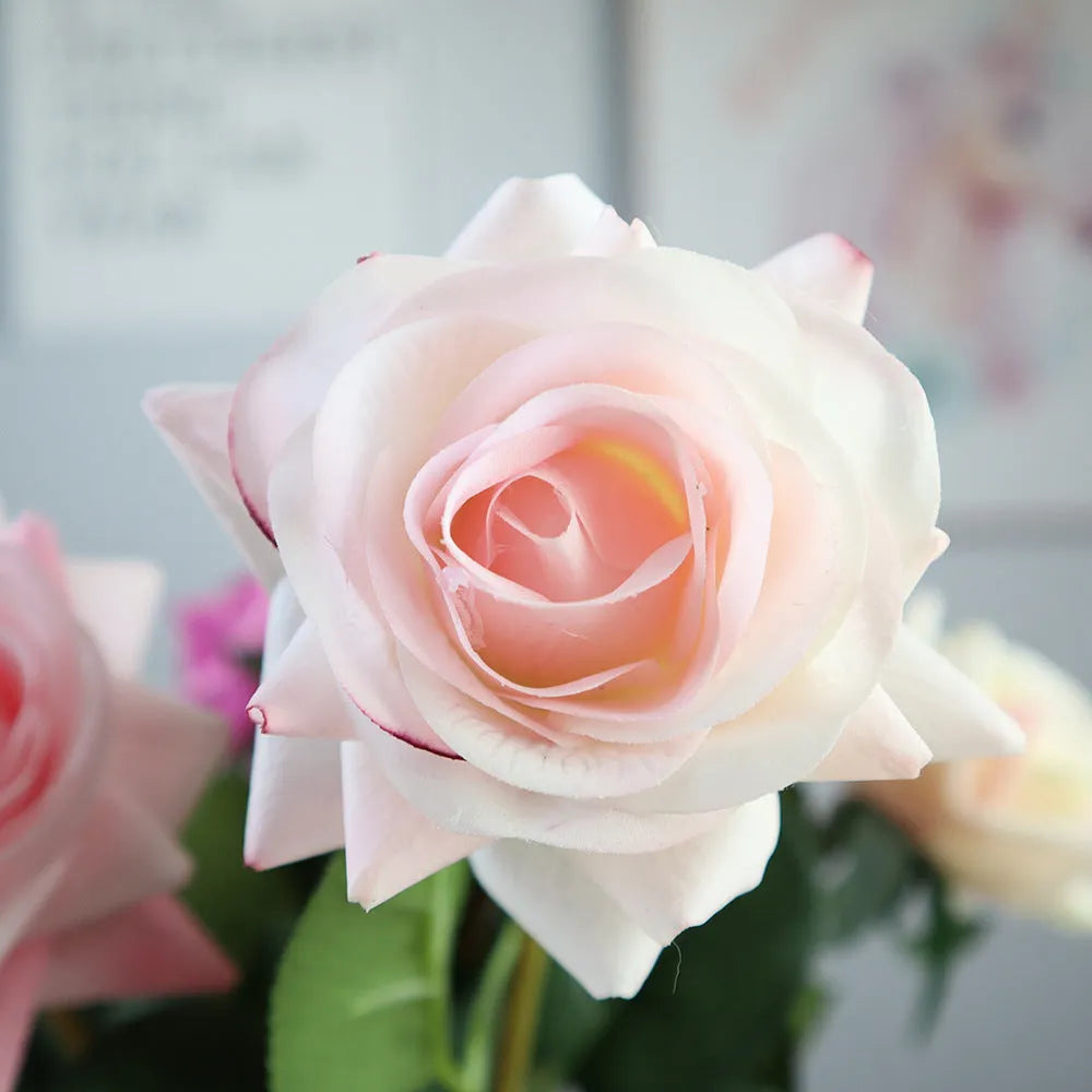 Artificial silk touch rose with fabric petals, approximately 42cm long, in a selection of colours