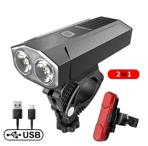 USB rechargeable bike light with double T6 lamp beads, 1200 lumens, aluminium alloy frame, IPX-6 waterproof