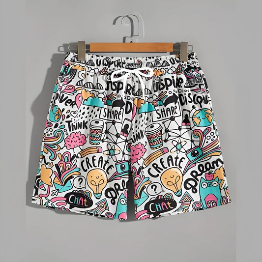 Men's loose fit polyester beach shorts in various colours showing size range up to 5XL