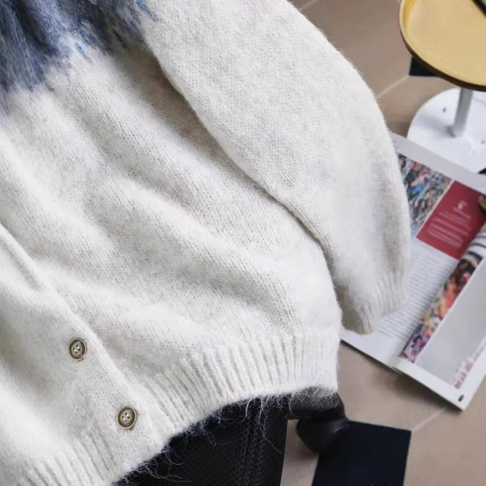 Women's contrast colour jacquard thickened sweater coat in loose fit with long sleeves, available in milky white, brown, or navy blue