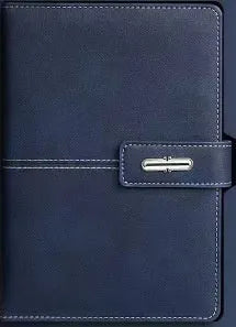 A5 notebook with imitation leather cover in a choice of colours including black, red, green, blue, and orange.