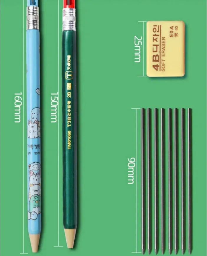 Children's mechanical pencil set with thick 2B lead core replacement cylinders, plastic construction in cartoon designs for school writing and exam use, available in 2pc, 4pc, 5pc, 8pc, and 10pc set options with spare leads and erasers