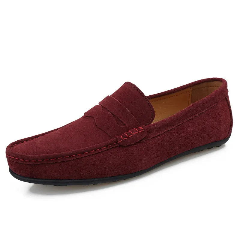 Men's suede loafers in black, blue, dark blue, wine red, and yellow colours with round toe and slip-on design.