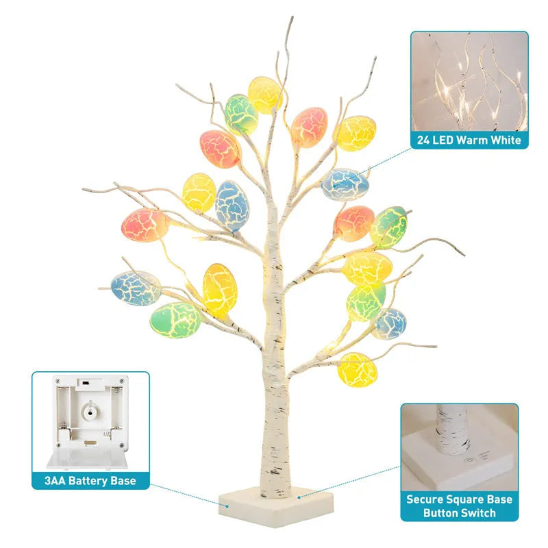 White birch-style LED Easter tree with warm white lights and cracked egg decorations on adjustable branches