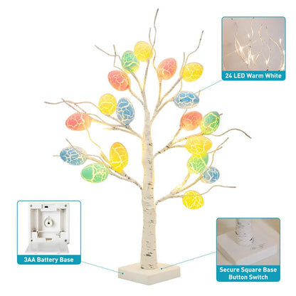 White birch-style LED Easter tree with warm white lights and cracked egg decorations on adjustable branches
