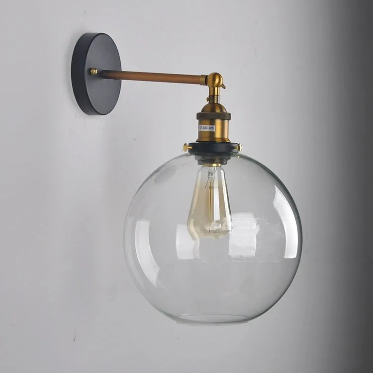 20cm round ball glass wall lamp with aluminium holder in amber, smoke grey, or transparent options