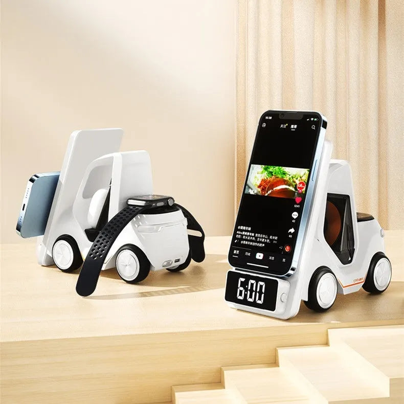 15W three-device wireless charging bracket in grey, white, yellow, or orange with compact 150x146x75mm dimensions