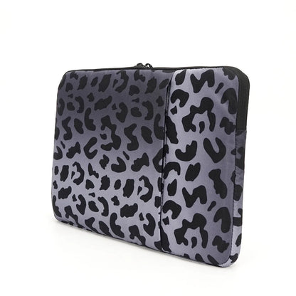Leopard print waterproof laptop sleeve for 13-inch to 16-inch devices with anti-shock flannel protection.