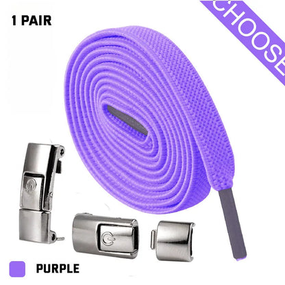 A pair of black widened flat elastic shoelaces with a silver press lock buckle on a white background.