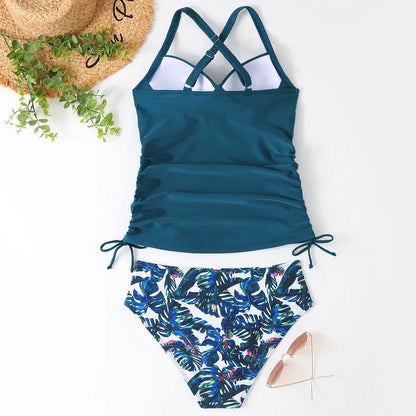 Women's high-waist swimwear bikini set with backless design in solid colours