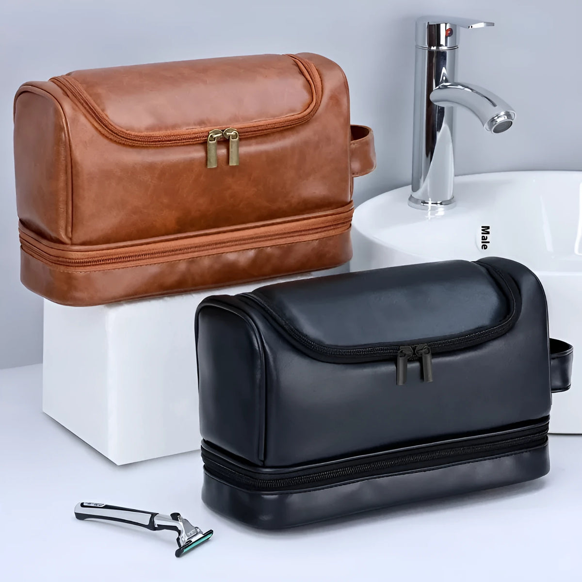 PU leather cosmetics storage bag with hook in black, brown or dark brown, simple modern travel wash bag