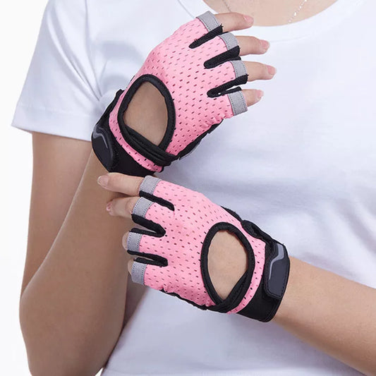 Men and women fitness gloves for dumbbell and horizontal bar exercises in black, pink, gray, and blue