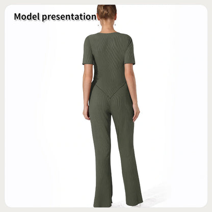 Dark green top and pants set with breathable fabric, available in sizes S to 3XL