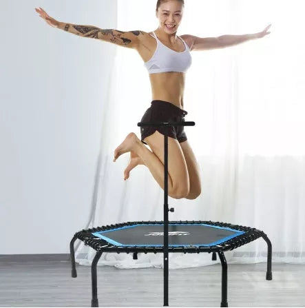 Hexagon trampoline with fitness handrail for home and gym use