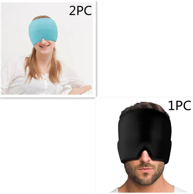 Black elastic cooling gel eye mask for headache relief placed on a forehead.