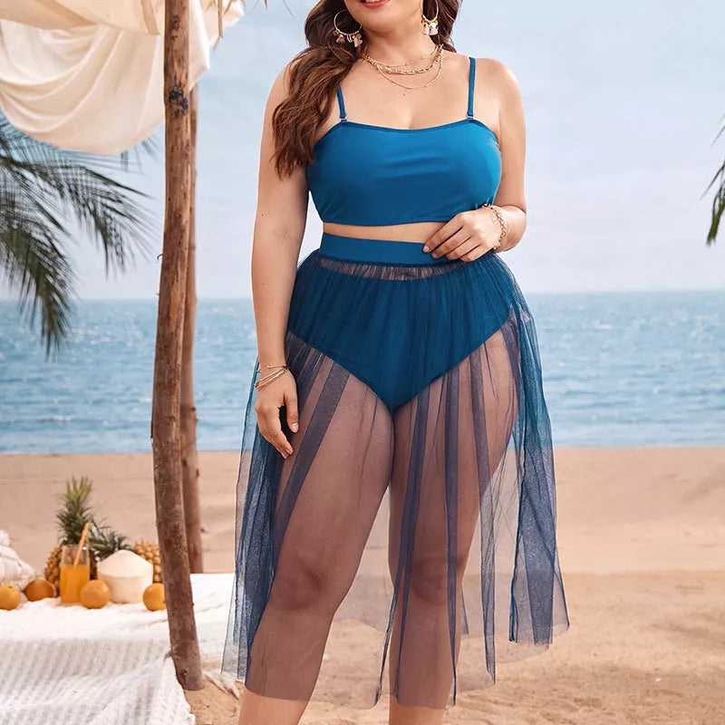 Plus size bikini split swimsuit with gauze skirt in black, wine red, blue, orange, or silver green