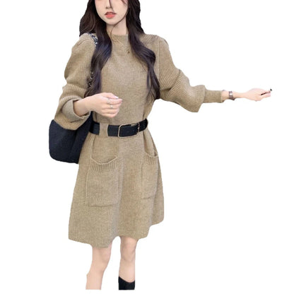 Women's long sleeve loose knitted dress in beige with black belt, showing high waist design and free size fit