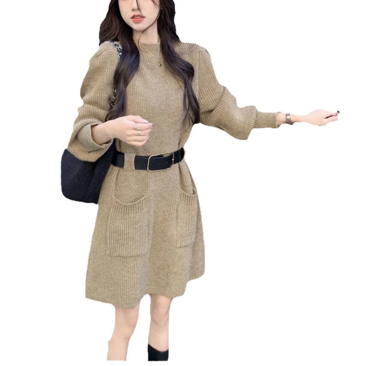Women's long sleeve loose knitted dress in beige with black belt, showing high waist design and free size fit