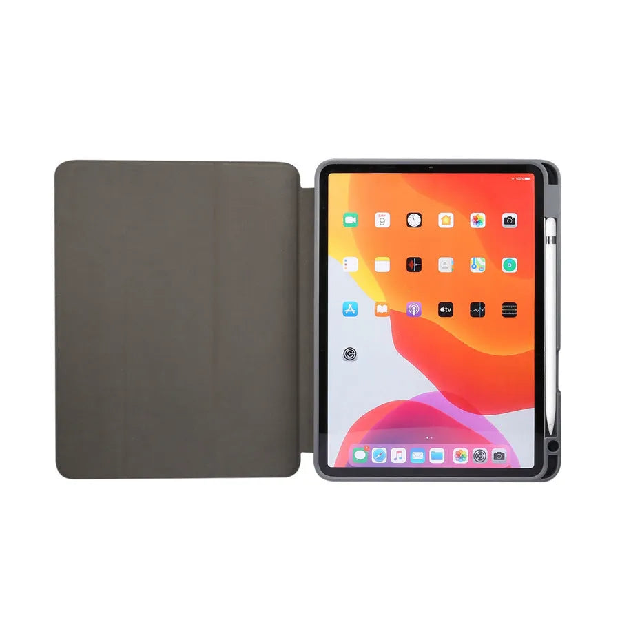Tri-fold iPad case with marbling design showing pen slot and available in five colours including dark gray and purple