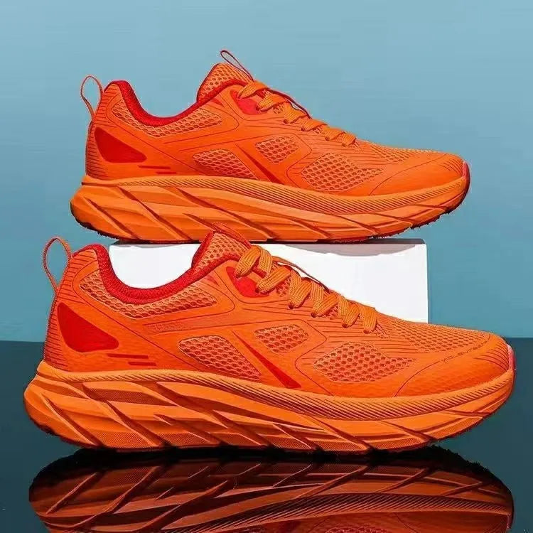 Men's and women's casual running shoes with mesh upper in red, beige, green, grey, or black.