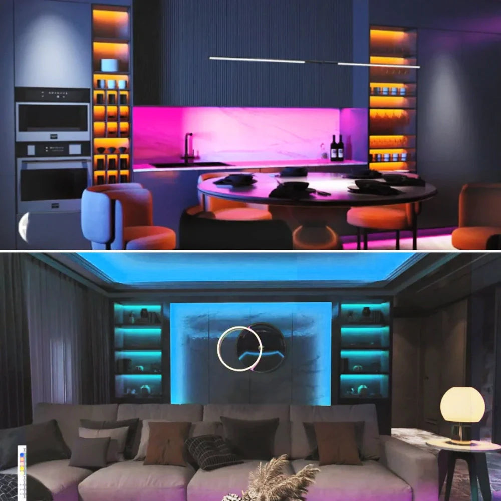 Flexible smart LED neon light strip showing curved installation with mobile app control interface