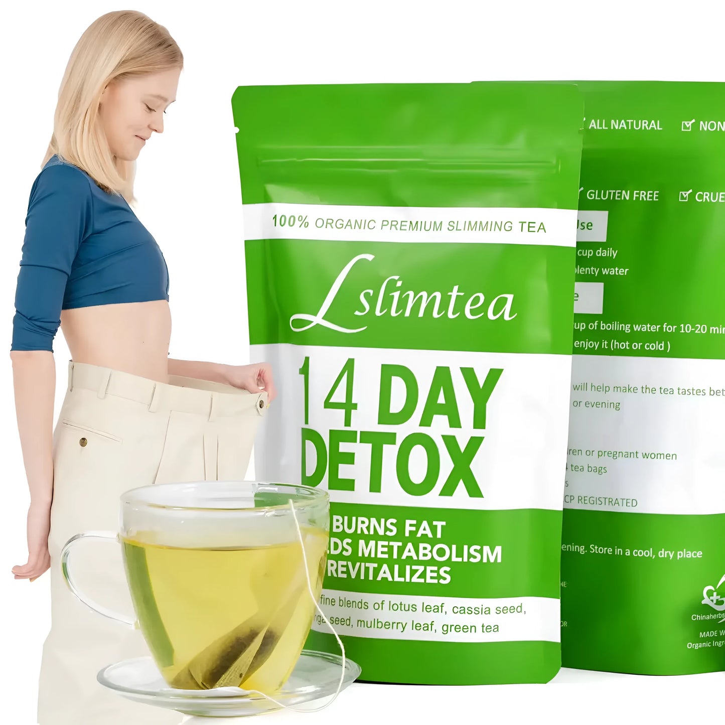 14 day herbal detox tea pack with 14 individual 3g sachets, 42g total weight