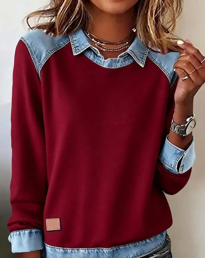 Denim collar long sleeve pullover with patchwork knitwear in street fashion style, available in multiple colours