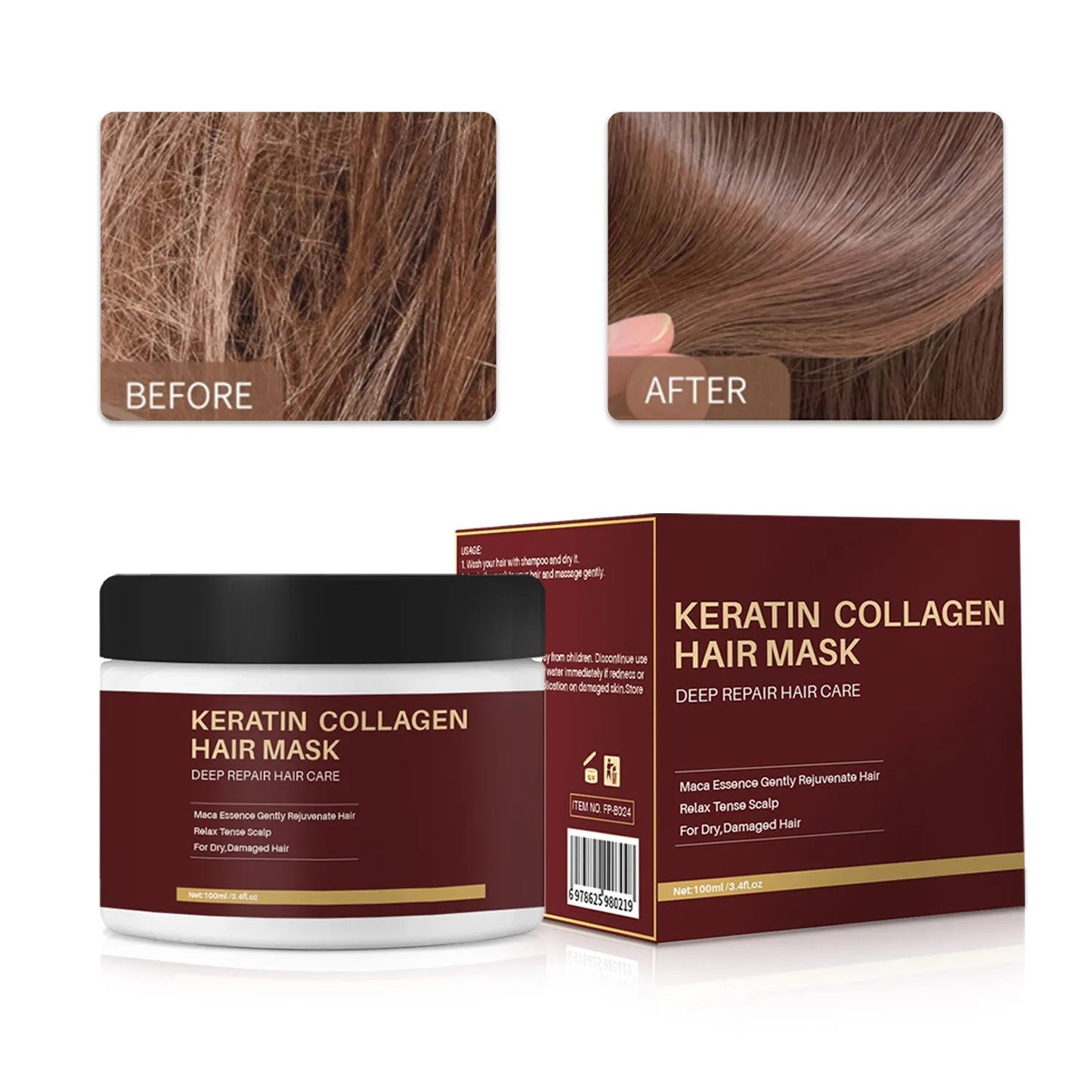 100ml tub of collagen hair mask for moisturising and strengthening dry hair