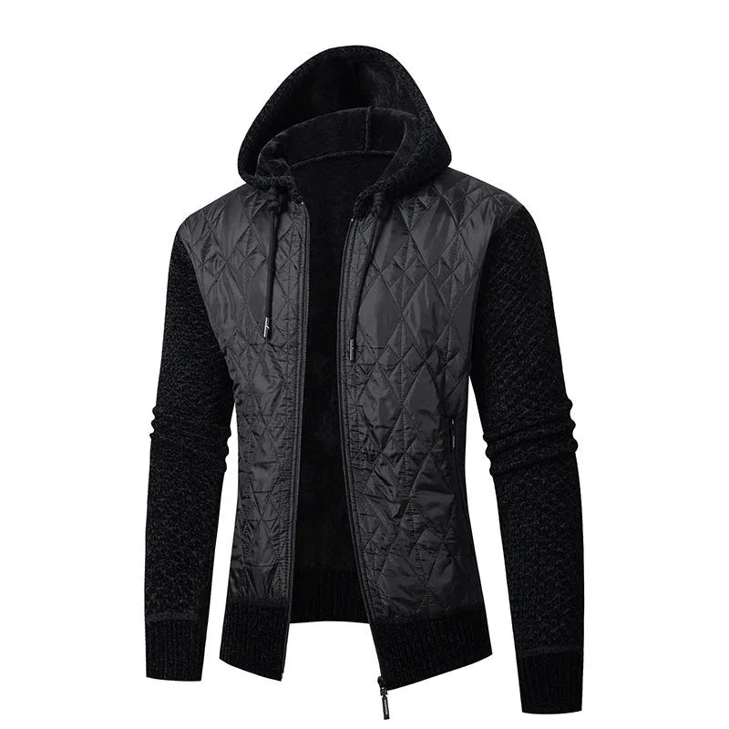 Men's grey hooded sweater coat with cinched style, wool and corduroy fabric, for winter wear