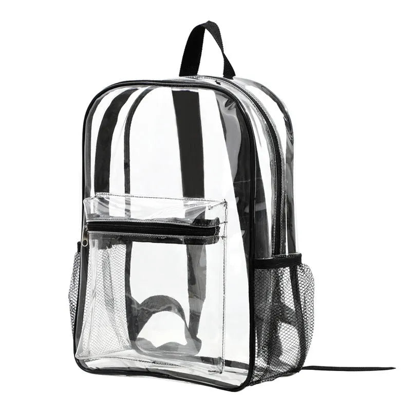 Transparent PVC travel backpack showing contents through clear material with 50 litre capacity