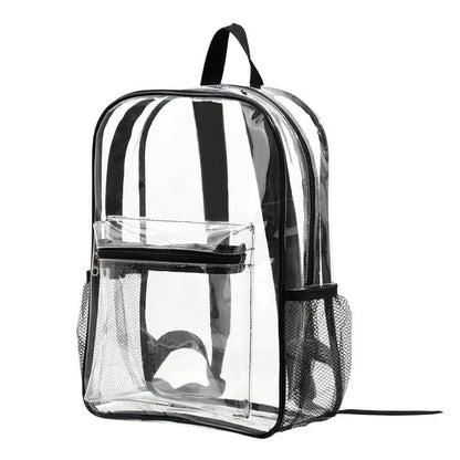 Transparent PVC travel backpack showing contents through clear material with 50 litre capacity