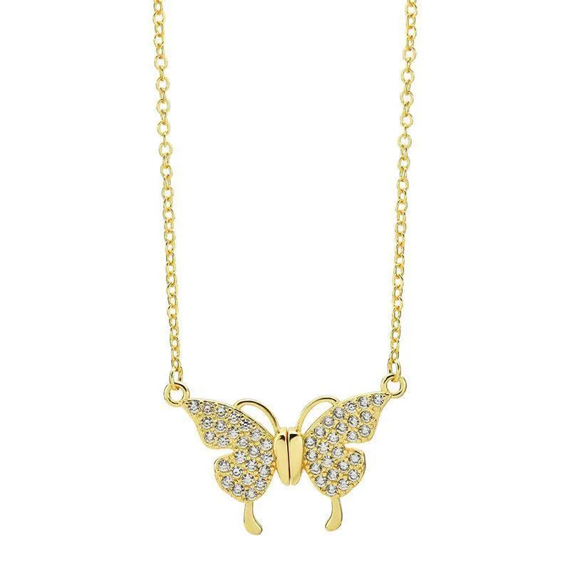 Gold titanium steel clavicle chain necklace with a magnetic butterfly pendant on a twisted chain.