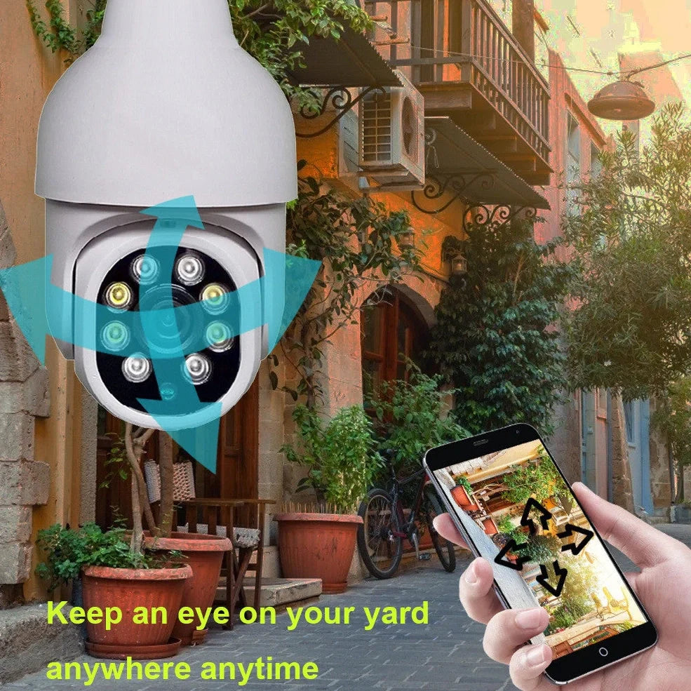 White wireless WIFI security camera with pan-tilt base showing 1080P HD resolution and 0.1 lux low-light capability