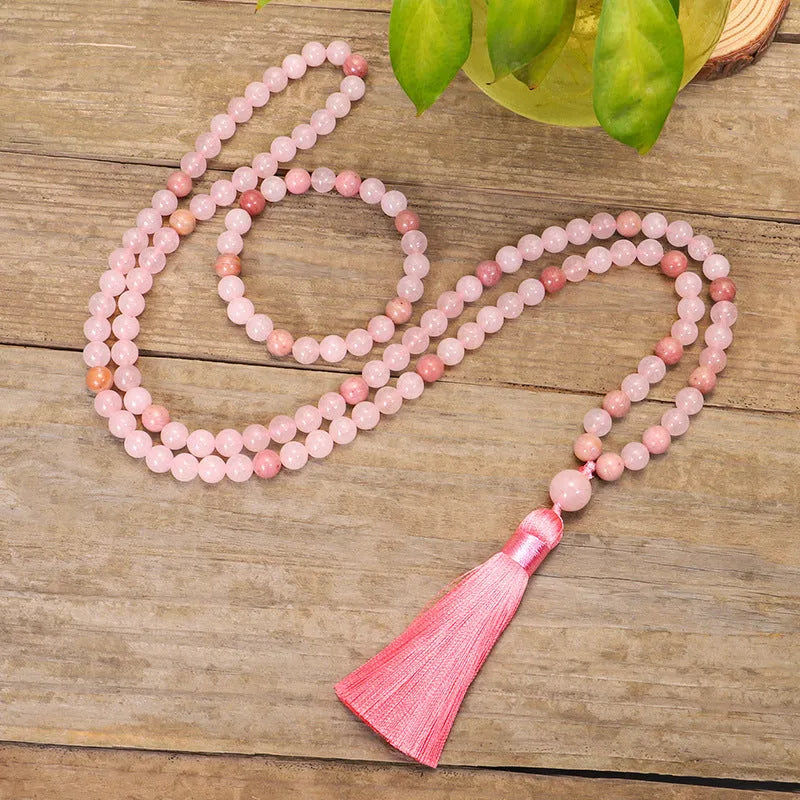 Stone bead yoga necklace and bracelet set with long fringe tassel pendant on adjustable ball chain