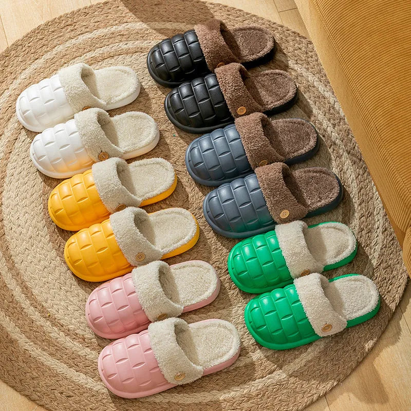 Plaid detachable slippers with EVA sole and plush lining in pink, green, yellow, white, grey, or black