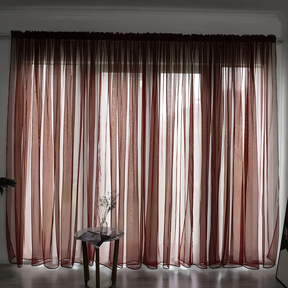 Simple modern balcony solid colour gauze curtain in beige showing light transmission effect