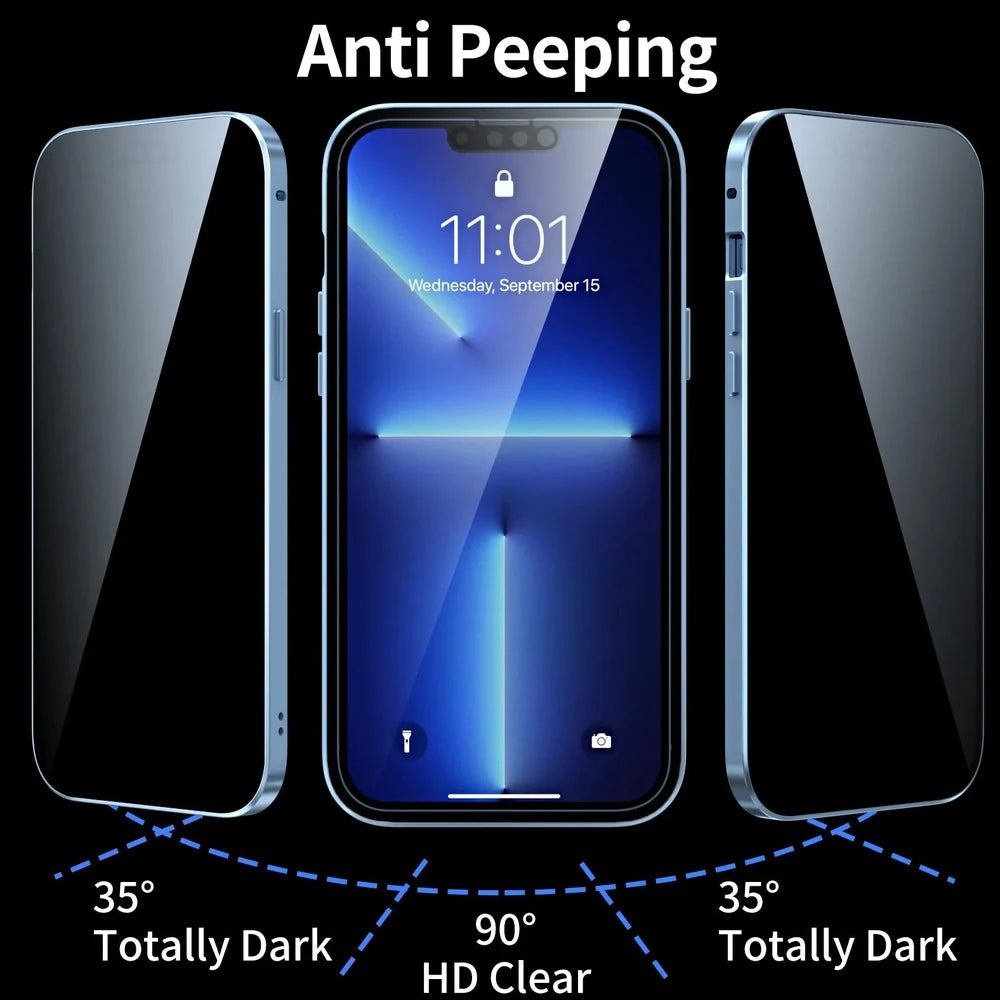 Fashion Personality Magneto Glass Metal Phone Case showing double-sided explosion-proof glass and metal frame for iPhone protection