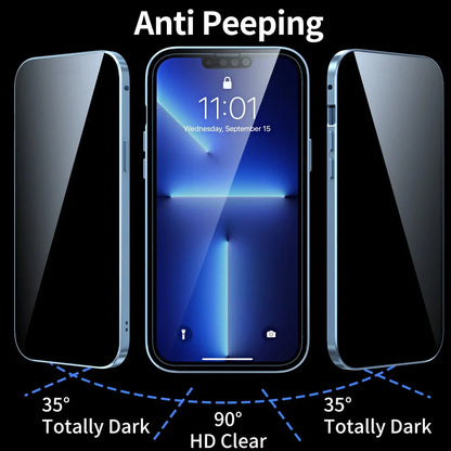 Fashion Personality Magneto Glass Metal Phone Case showing double-sided explosion-proof glass and metal frame for iPhone protection